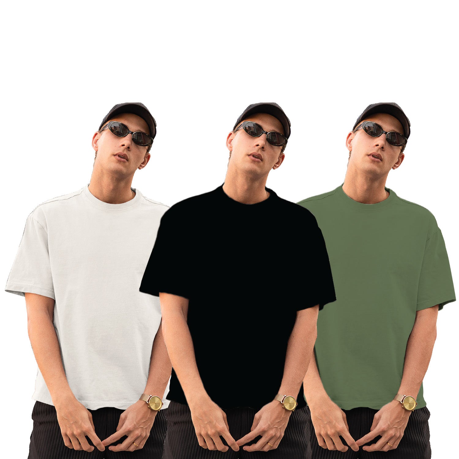 Pack of 3 Black, Sage Green & White Plain Oversize T-Shirts – Tantra Original Brand Since 1997 – Unisex Cotton Combo Everyday Wear - Shipping Globally!