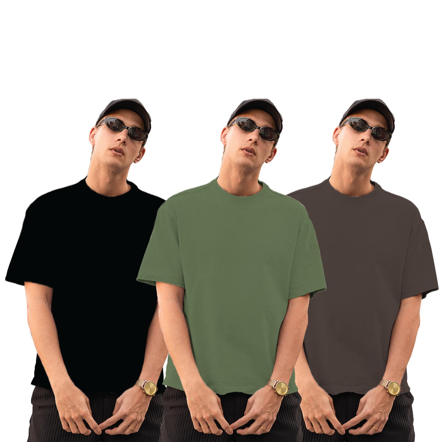Pack of 3 Sage Green, Black & Coffee Plain Oversize T-Shirts – Tantra Original Brand Since 1997 – Unisex Cotton Combo Everyday Wear - Shipping Globally!