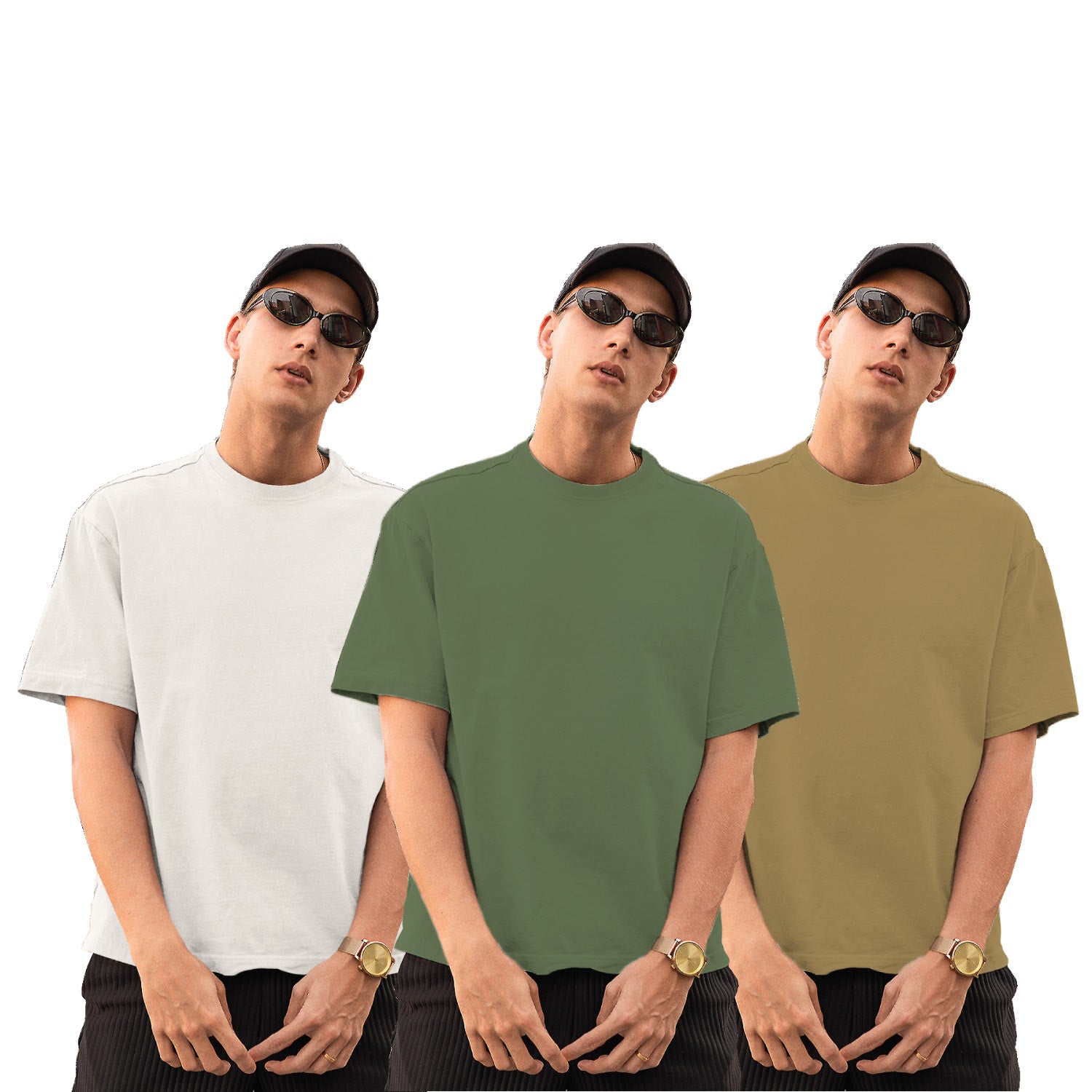 Pack of 3 Sage Green, Beige & White Plain Oversize T-Shirts – Tantra Original Brand Since 1997 – Unisex Cotton Combo Everyday Wear - Shipping Globally!