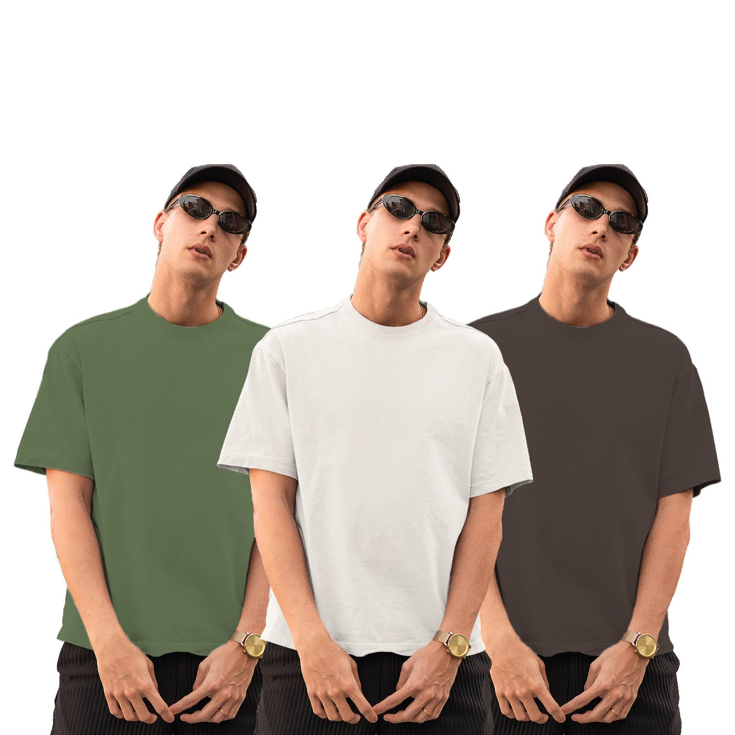 Pack of 3 White, Sage Green & Coffee Plain Oversize T-Shirts – Tantra Original Brand Since 1997 – Unisex Cotton Combo Everyday Wear - Shipping Globally!