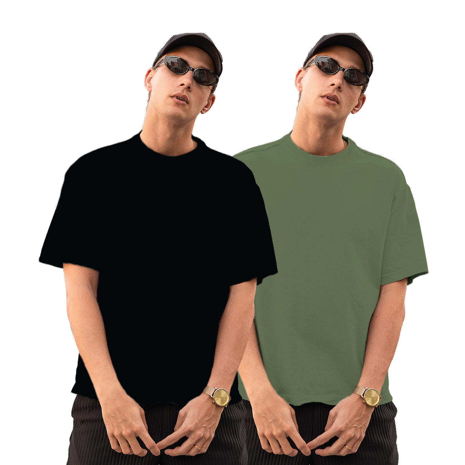 Pack of 2 Black & Sage Green Plain Oversize Tees – Tantra Original Brand Since 1997 – Unisex Cotton Everyday Wear - Shipping Globally!