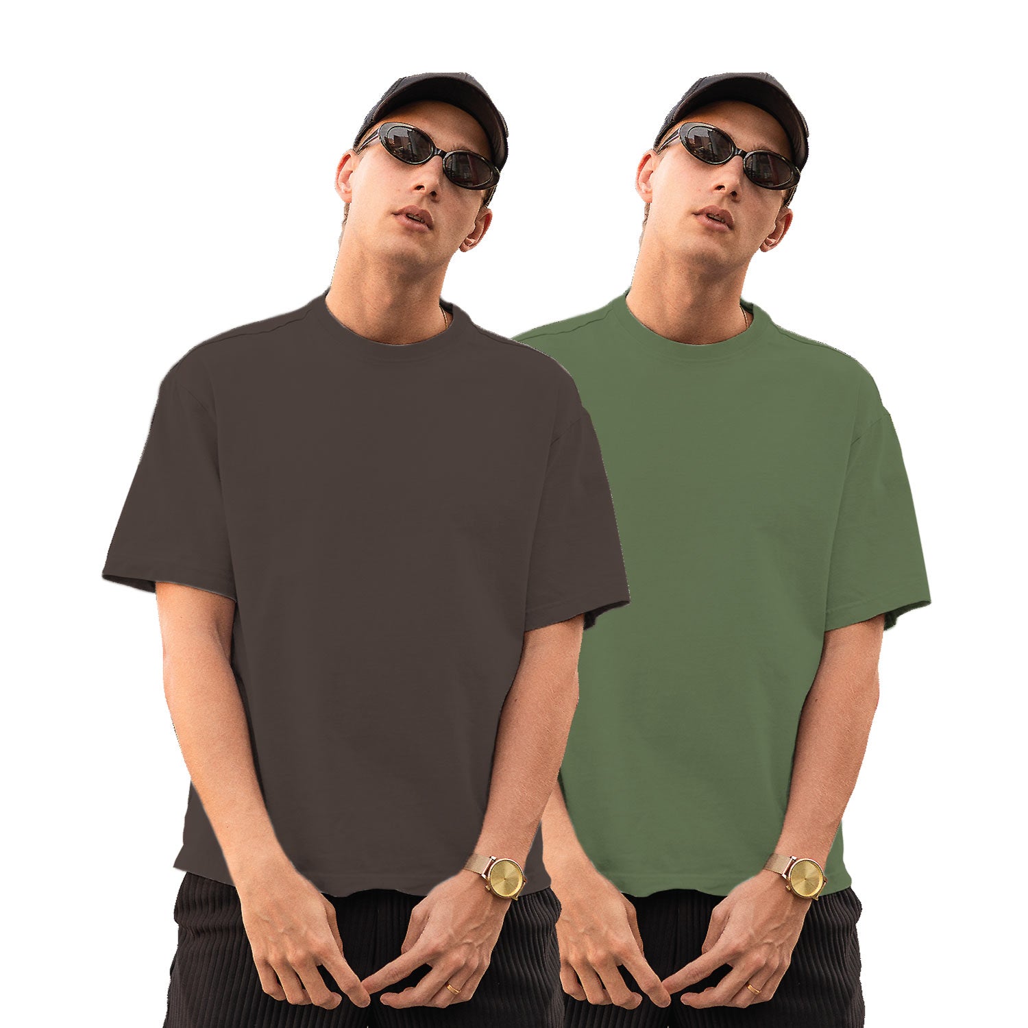 Pack of 2 Coffee & Sage Green Plain Oversize Tees – Tantra Original Brand Since 1997 – Unisex Cotton Everyday Wear - Shipping Globally!