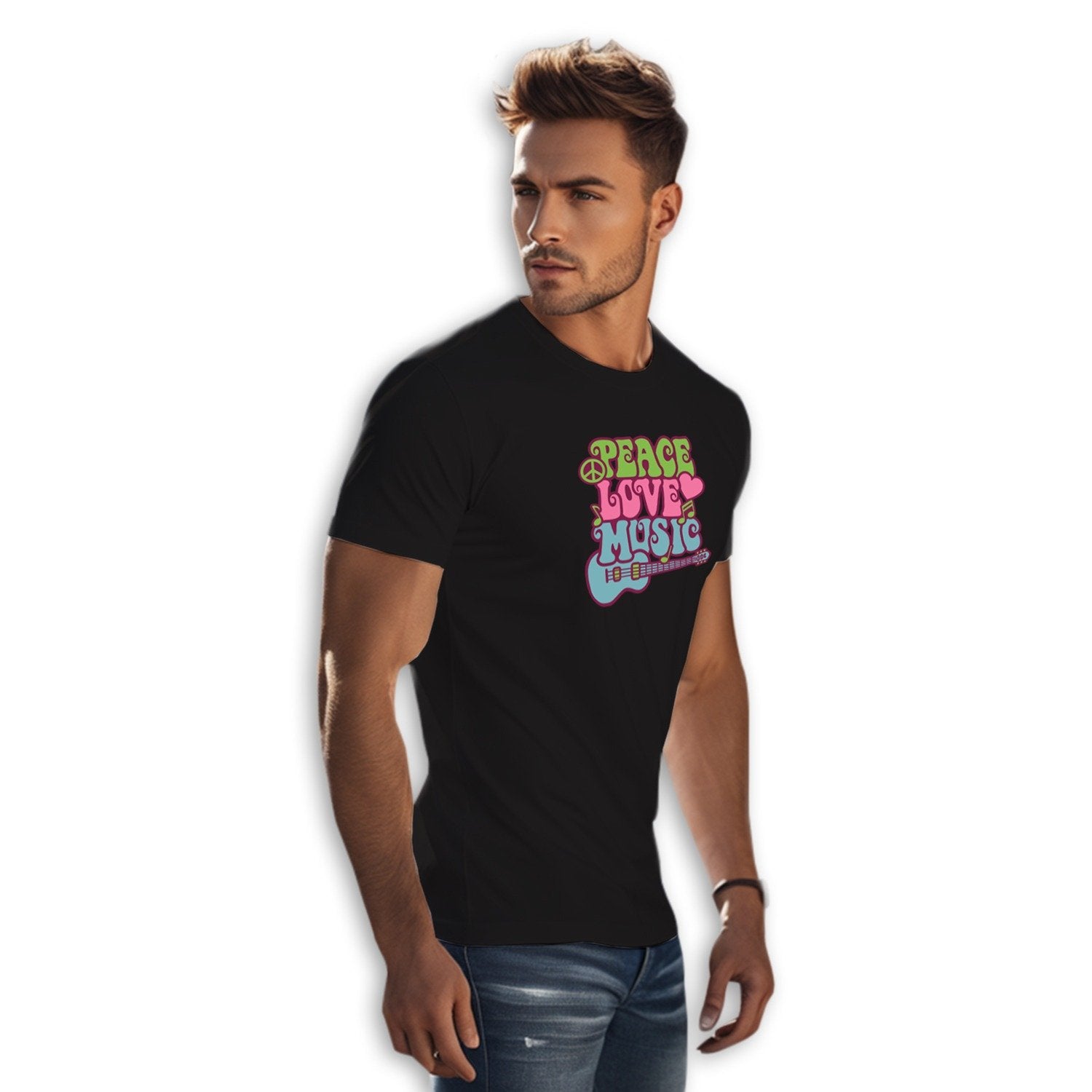 Peace Love Music Men's Round Neck Printed T-Shirt - Shipping Globally!