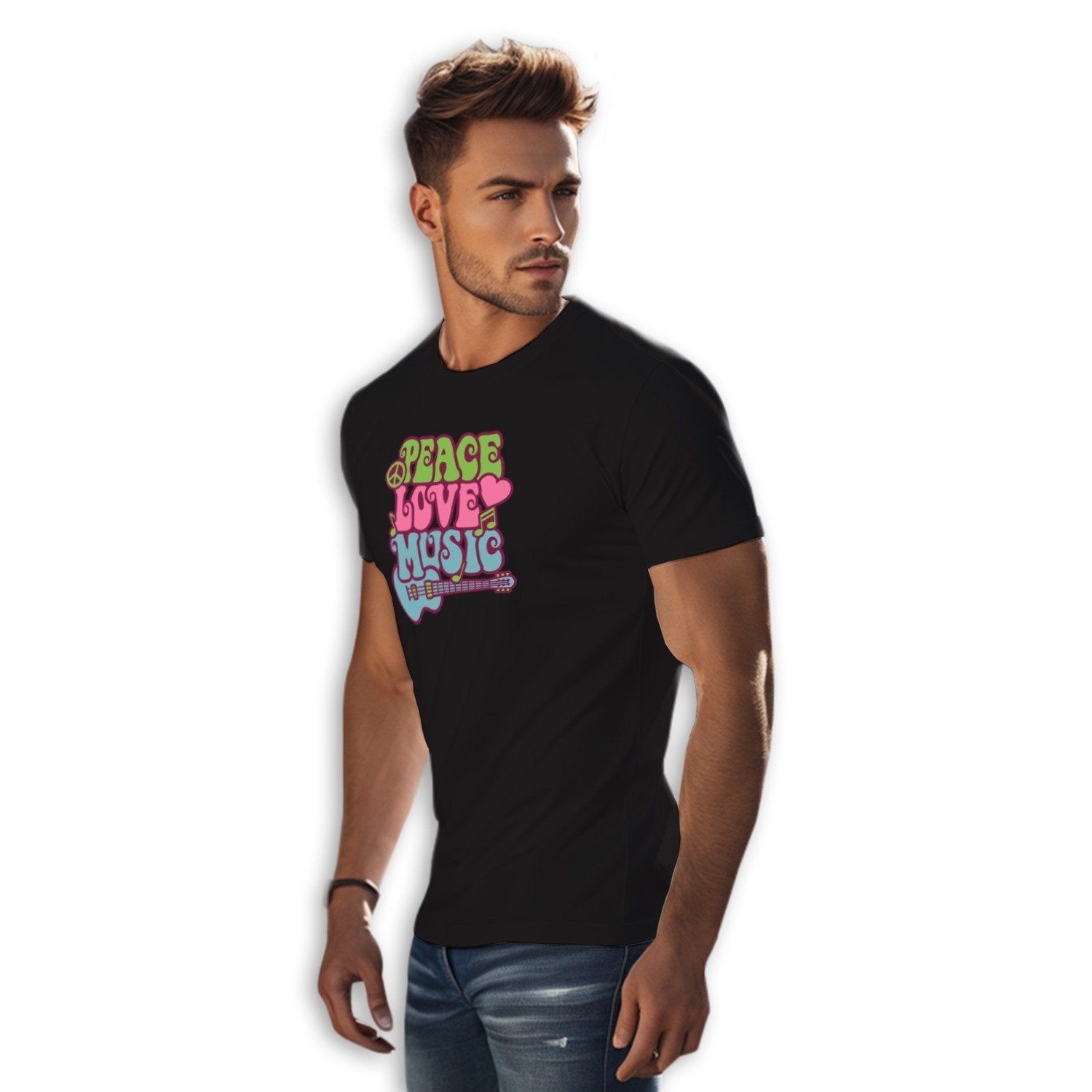 Peace Love Music Men's Round Neck Printed T-Shirt - Shipping Globally!