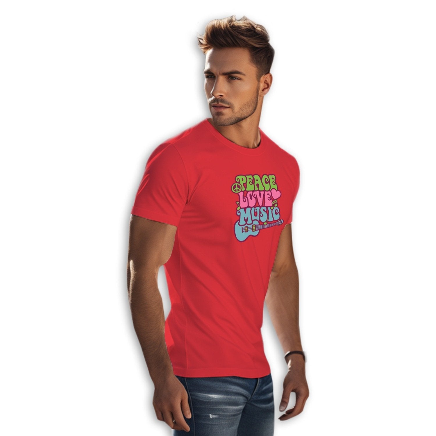 Peace Love Music Men's Round Neck Printed T-Shirt - Shipping Globally!