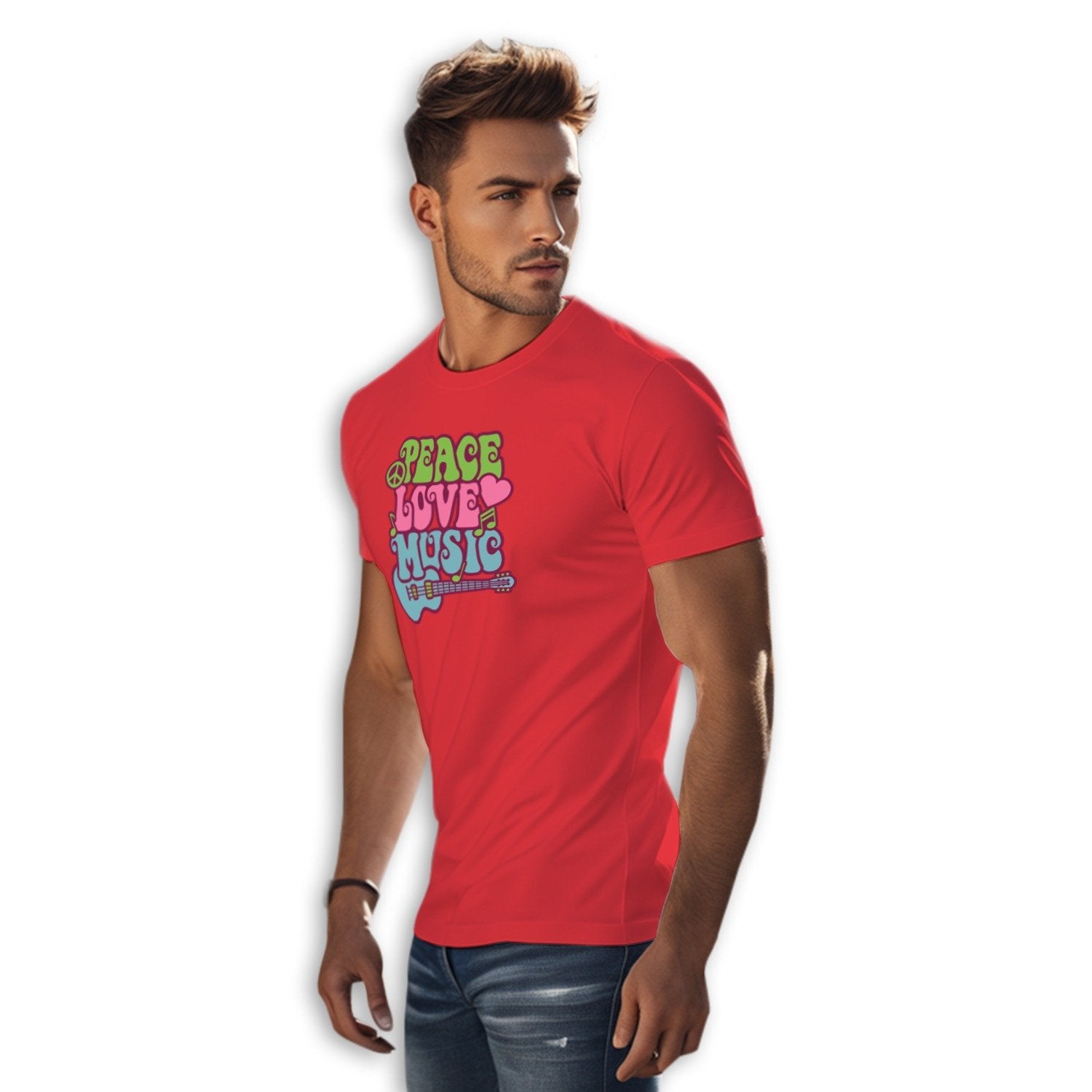Peace Love Music Men's Round Neck Printed T-Shirt - Shipping Globally!