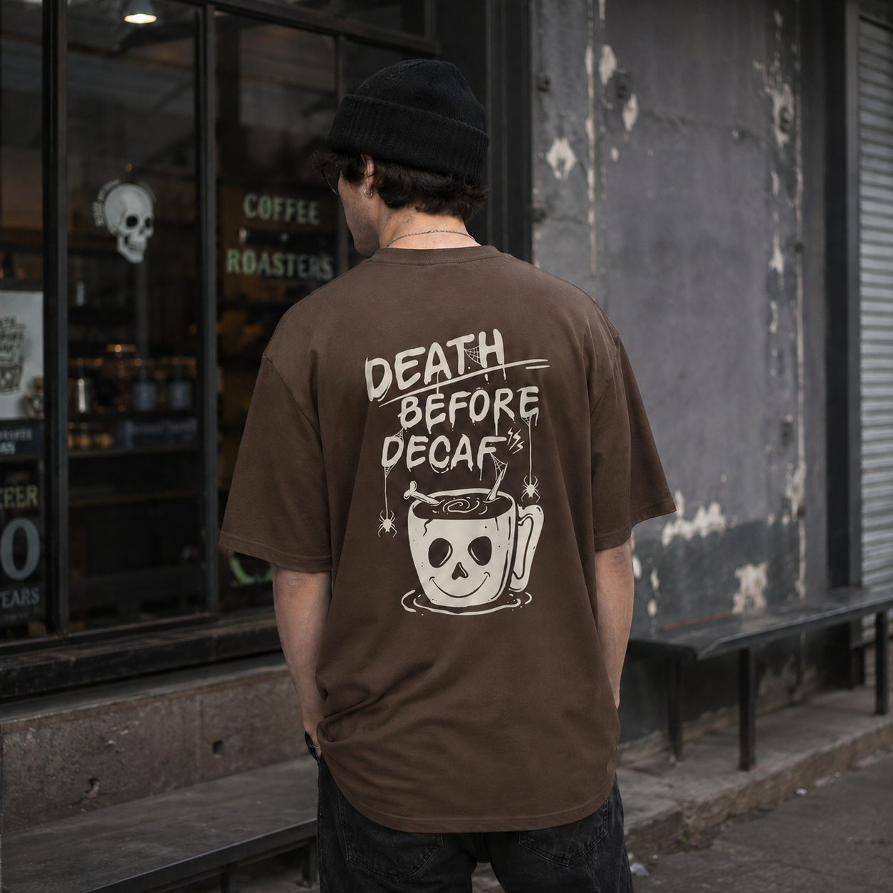 Before Decaf Oversize Back Print – Tantra Original Brand Since 1997 – Unisex Cotton Tee Everyday Wear - Shipping Globally!