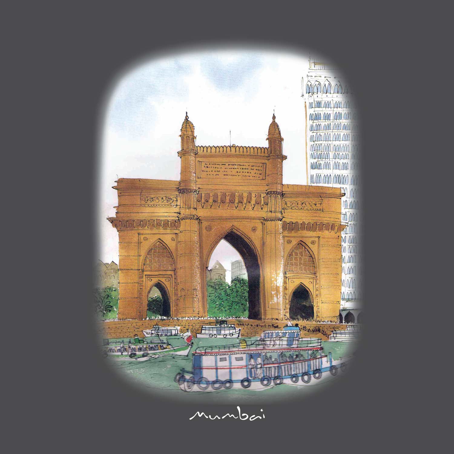 Mumbai Art 02 - Tantra Original Brand Since 1997 – Unisex Cotton Tee – Iconic Gateway of India City-Inspired Casual Wear - Shipping Globally!