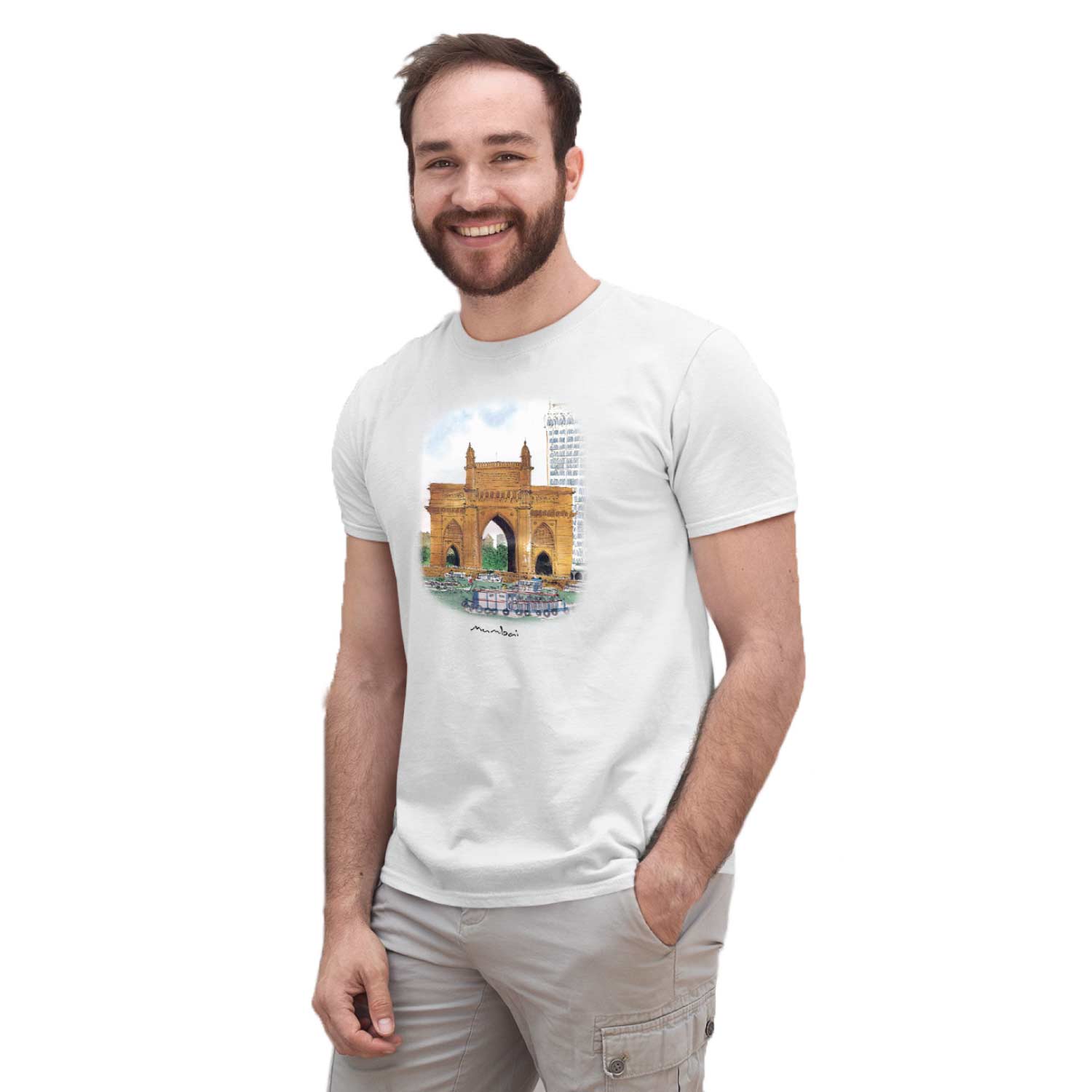 Mumbai Art 02 - Tantra Original Brand Since 1997 – Unisex Cotton Tee – Iconic Gateway of India City-Inspired Casual Wear - Shipping Globally!