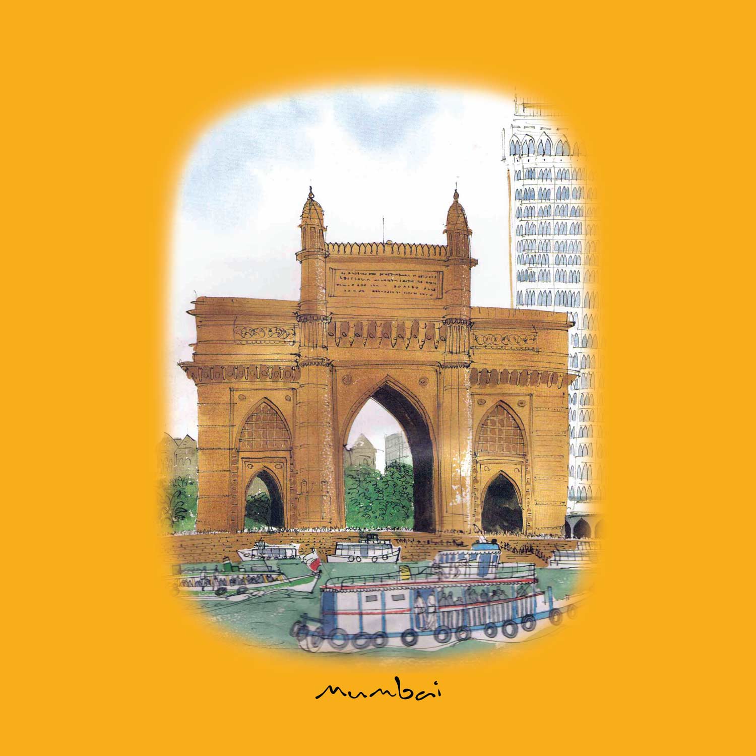 Mumbai Art 02 - Tantra Original Brand Since 1997 – Unisex Cotton Tee – Iconic Gateway of India City-Inspired Casual Wear - Shipping Globally!
